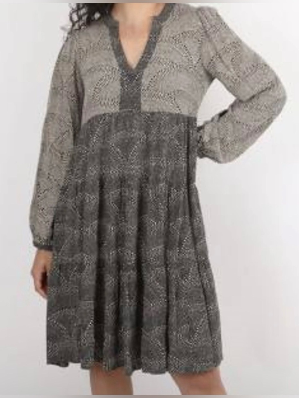 Maeve Anthropologie Amber Black Tan Swirl Dot Bohemian Tiered Tunic Dress XL